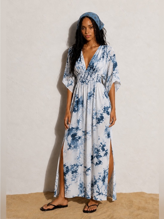 Japna Dresses & Skirts - Japna Blue & White Watercolor Smocked Maxi Dress | Boho Empire Waist